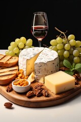 Wine and Cheese Pairing: Elegant scene with wine and cheese served with fruits and nuts.