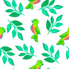 seamless pattern watercolor drawing green leaves and green birds on a white background