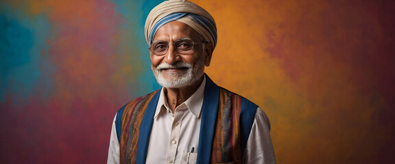 Portrait of a dignified Indian elderly man dressed in traditional clothes with a vibrant, colorful background.