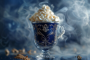 Visualize a goblet of deep indigo liquid, adorned with intricate silver filigree and topped with a cloud of whipped cream infused with hints of exotic spices - obrazy, fototapety, plakaty