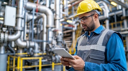 Middle eastern engineer using tablet at oil refinery near storage tanks and piping in sunlight - obrazy, fototapety, plakaty