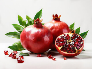 pomegranate fruit with green leaves on white background - 768141219