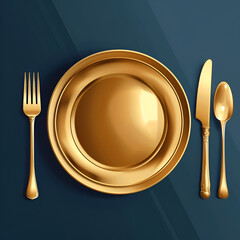 Golden spoon and fork on plate