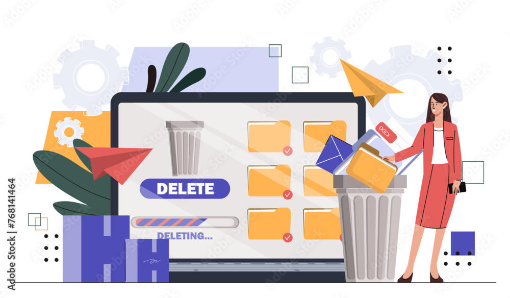 Poster woman with deleting data. young girl with folders with files near trashcan. empty space at storage a