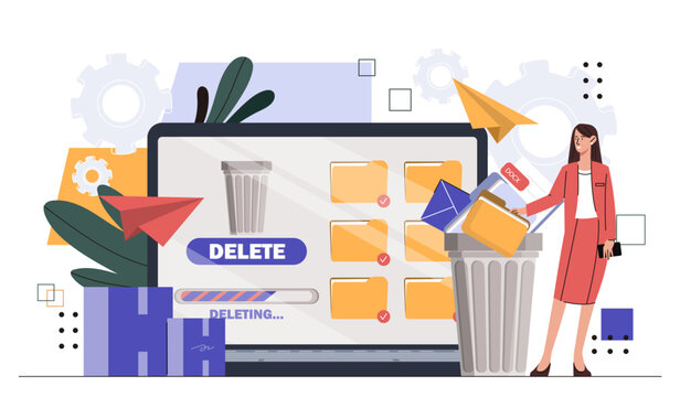 Woman with deleting data. Young girl with folders with files near trashcan. Empty space at storage and archives. Person delete folders. Cartoon flat vector illustration isolated on white background
