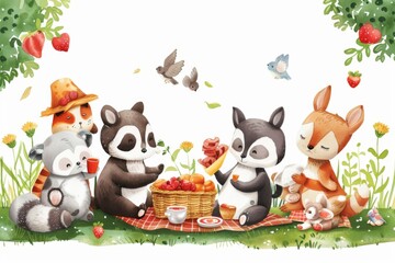 An assortment of sweet animals enjoying a picnic under a sunny sky. Illustration On a clear white background 