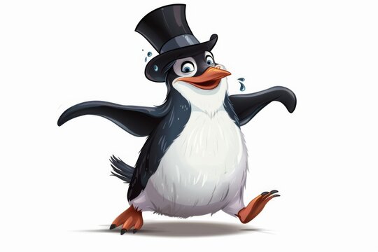 An exuberant penguin in a top hat, doing a funny dance on its flippers. Illustration On a clear white background 