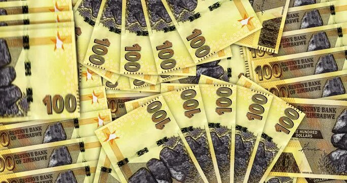 Zimbabwe money Zimbabwean dollars banknotes in a cash fan mosaic pattern loop. ZWL 100 notes. Abstract concept of bank, finance, economy seamless and looped design background.