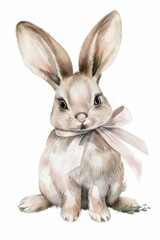 Charming baby rabbit with a ribbon around its neck Illustration On a clear white background 