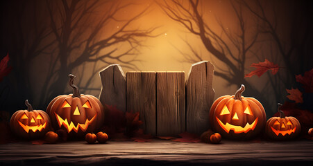 Halloween pumpkin scene on a forest background, crepe smile with candlelight at night and moonlight celebration background