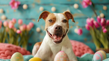 Happy Dog with few easter eggs in beautiful studio background with tulips and spring decorations created with Generative AI Technology