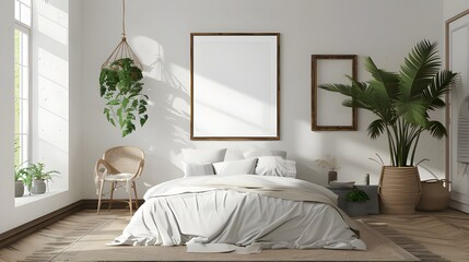 poster frame mock up in modern bedroom interior in gray tones, 3d rendering Ai Generated 
