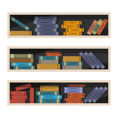 Open shelves with randomly lying books. Three bookshelf icons. Vector set