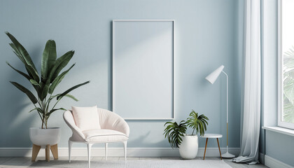 Scandinavian-Styled Living Room with Elegant Decor and Frame Mockup - obrazy, fototapety, plakaty