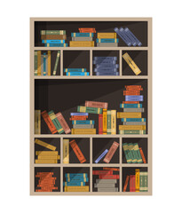 Bookcase. Many books on the shelves. Open library cabinet. Vector illustration