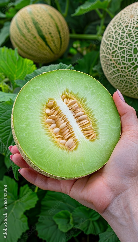 Poster hand holding honeydew melon on blurred background with copy space for text placement
