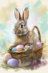Cute bunny sitting in a basket with colorful Easter eggs. Illustration