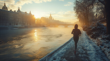 Fototapeta premium Jogger on the river bank in the early morning in the city.