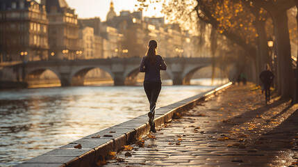 Jogger on the river bank in the early morning in the city. - obrazy, fototapety, plakaty