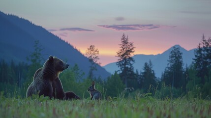 Grizzly bear and rabbit peacefully coexisting in meadow to promote wildlife protection