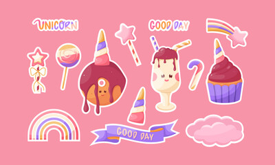 14 vector stickers with a unicorn theme. Multi-colored bright stickers for printing. Vector illustration