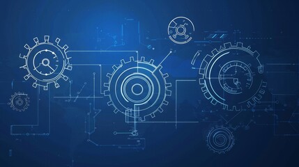 Wireframe illustration of a technology company on a dark blue background