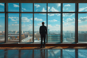 Fototapeta na wymiar Businessman standing in office room, in front of big window, watch downtown below, deph of field, stockphoto, cinematic daylight, back side