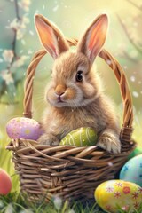 Cute bunny sitting in a basket with colorful Easter eggs. Illustration 