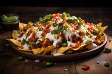 Exquisite nachos on a ceramic tile against a rustic wood background