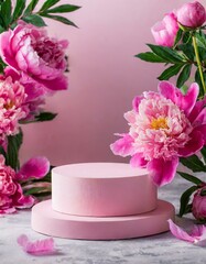 Creative composition background for product advertising. Empty pastel pink podium platform stand for beauty product presentation and beautiful peonies flowers around. Front view