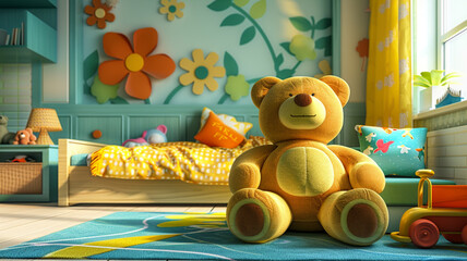 interior of kid room,bed,table,doll,bear,cartoon wallpaper,toys,vibrant color,realisticphoto