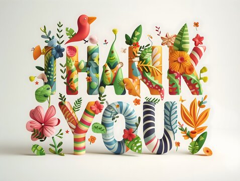 Thank you, illustration, distinct personal design style, focusing solely on the typography, floral letters, perfect for greeting cards or postcards