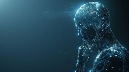 Wireframe illustration of an artificial intelligence on a dark blue background.