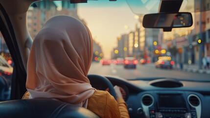 Woman in hijab driving luxury car in city - obrazy, fototapety, plakaty