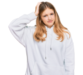 Beautiful young caucasian girl wearing casual sweatshirt confuse and wonder about question. uncertain with doubt, thinking with hand on head. pensive concept.