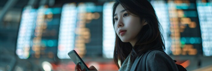 Seamless Travel Experience  Young Asian Woman Utilizes Her Smartphone to Verify Flight Details at an International Airport