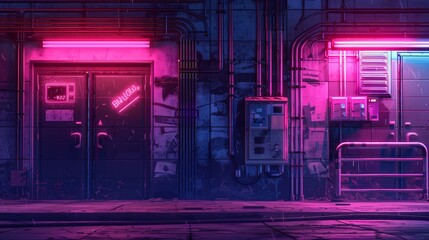 Wall of an old building with gates and neon lights on a street of futuristic city. 3D illustration. Beautiful night scene in a cyberpunk style. Gloomy urban landscape