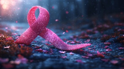 World cancer day awareness pink ribbon symbol on blurred blue background. breast cancer close up shot. - obrazy, fototapety, plakaty
