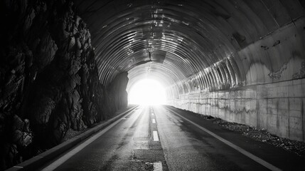 A grayscale image depicts light at the end of a tunnel, with added grain for effect. - obrazy, fototapety, plakaty