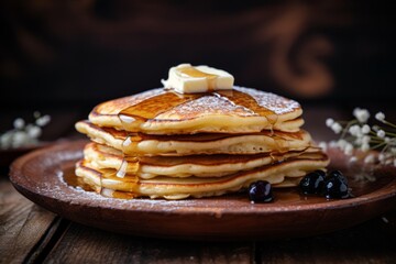 Tasty pancakes on a slate plate against a rustic wood background