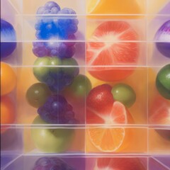 colorful still life of various fruits, each in a separate square, creating a vibrant and fresh display