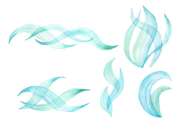 Fototapeta na wymiar Set of watercolor illustrations. Stylized sea waves, blue and turquoise lines. Clipart, template.