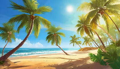 Fototapeta na wymiar Beach scene with tall green palm trees, blue ocean and sandy beach. Tropical paradise. Summer landscape.