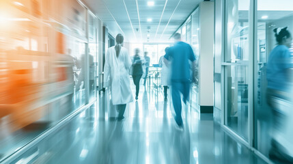 Blur motion of healthcare professionals and patient in hospital hallway, depicting busy medical environment and care.