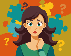 Young puzzled, doubtful, confused woman thinking, trying to find solution, worried expression on his face, concept - Sorry, don't know how it happened. Copy space.