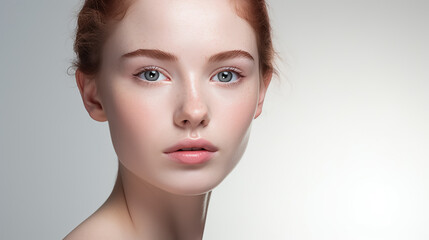 Beautiful young woman with clear skin and red hair on a white background. Skin care.