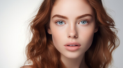 Beautiful young woman with clear skin and red hair on a white background. Skin care.