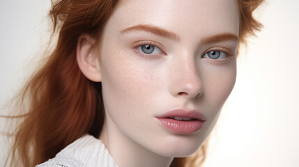 Beautiful young woman with clear skin and red hair on a white background. Skin care.