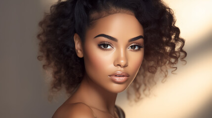 Beautiful young African American woman with clear skin on white background. Skin care.