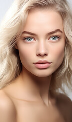 Beautiful young woman with clean skin on a white background. Skin care.